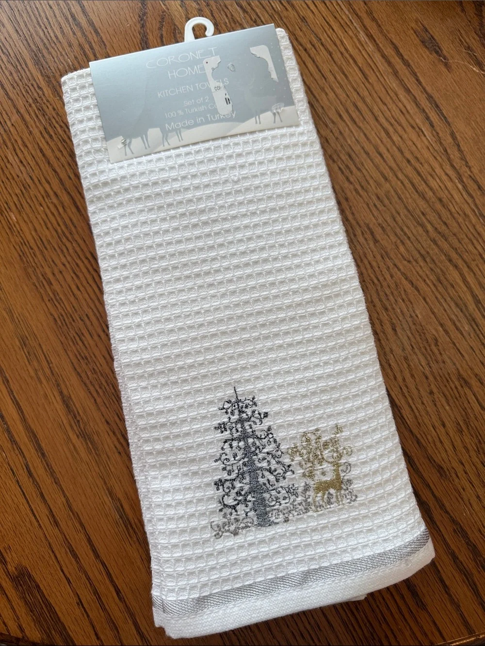 White Waffle Kitchen Towel with Metallic Tree/Reindeer Accent, 2 towels
